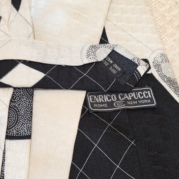 Enrico Capucci Black Gray Cream Retro e4" W 100% Silk Vintage Necktie Tie 58" - Picture 9 of 11